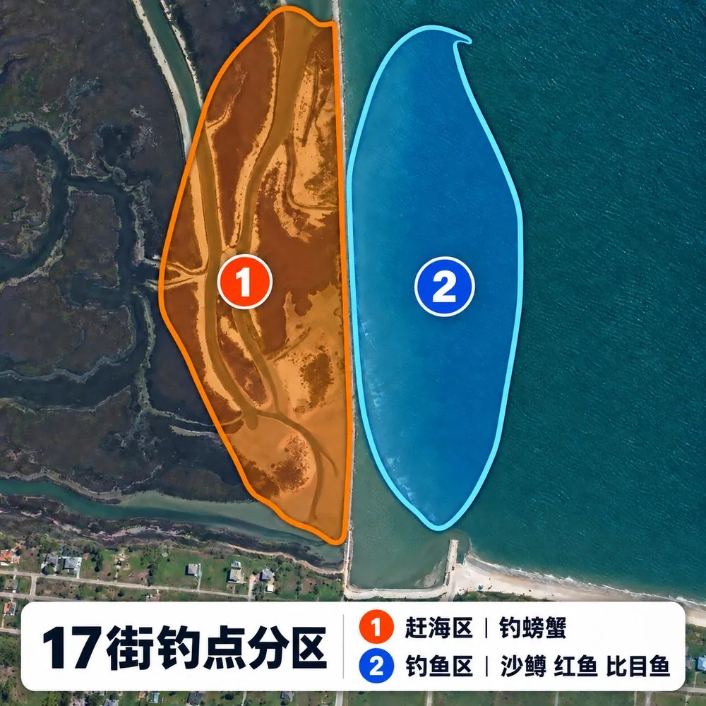 17 街钓点分区图：1 赶海区，钓螃蟹；2 钓鱼区，沙鳟、红鱼、比目鱼