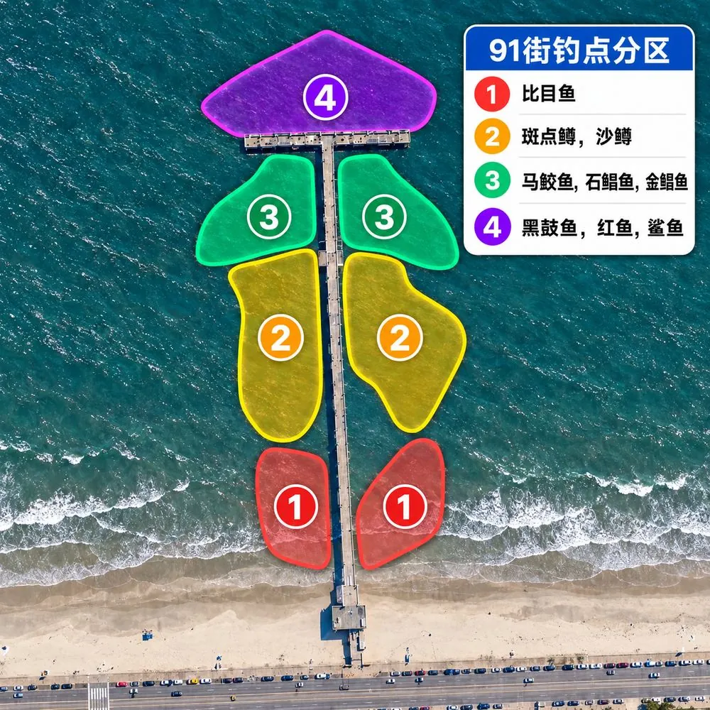 91 街钓点分区图：1 比目鱼，2 斑点鳟、沙鳟，3 马鲛鱼、石鲳鱼、金鲳鱼，4 黑鼓鱼、红鱼、鲨鱼