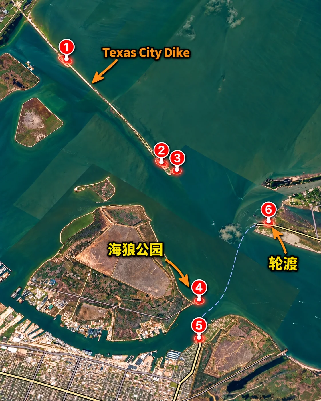 比目鱼钓点分布图：1–3 在 TCD，4 在海狼公园，5、6 在轮渡两头