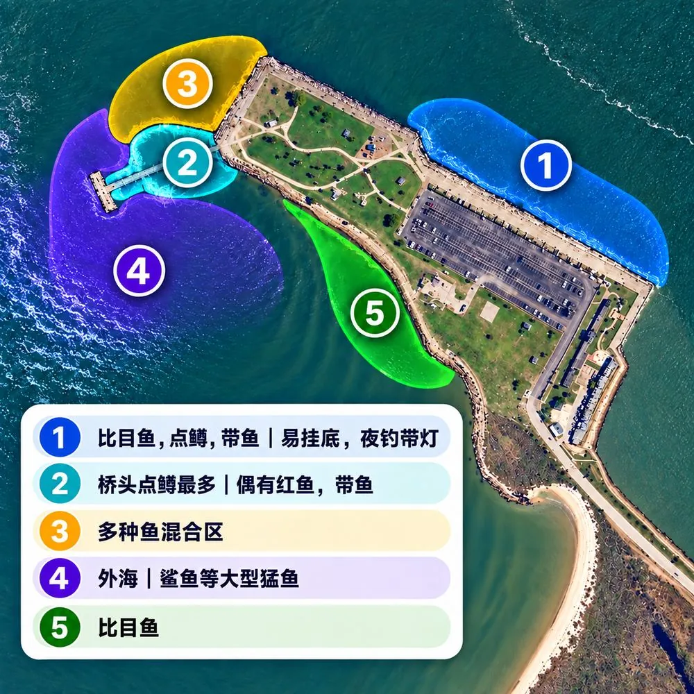 海狼公园钓点分区图：1 比目鱼、点鳟、带鱼；2 桥头点鳟最多；3 多种鱼混合区；4 外海鲨鱼等大型猛鱼；5 比目鱼