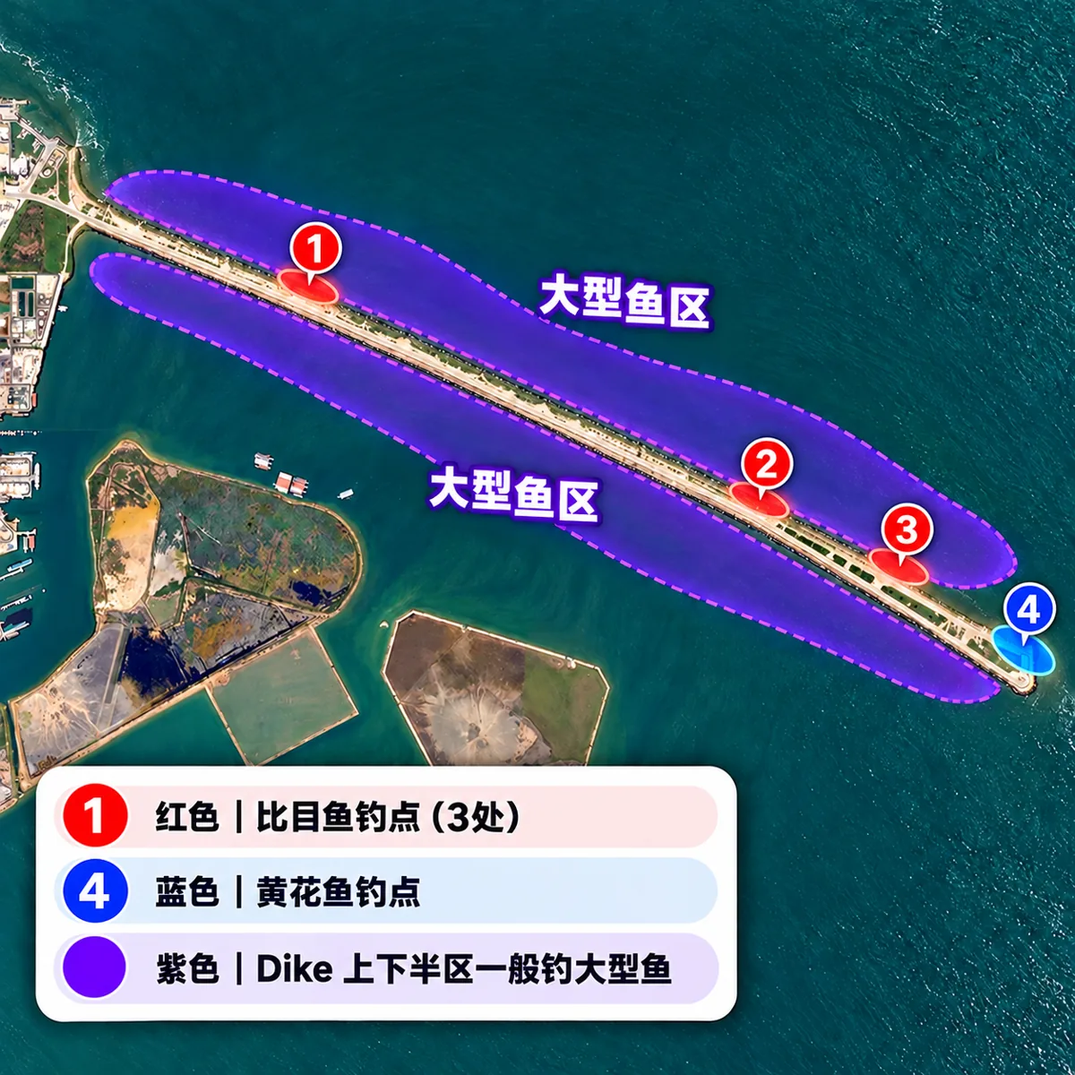 TCD 钓点图：红色 1–3 是比目鱼钓点，蓝色 4 是黄花鱼钓点，紫色是堤两侧钓大型鱼的区域